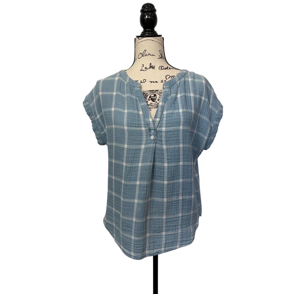 Lucky Brand Women Blue Plaid Short Sleeve Boxy Top XS Gauze V-Neck Cotton